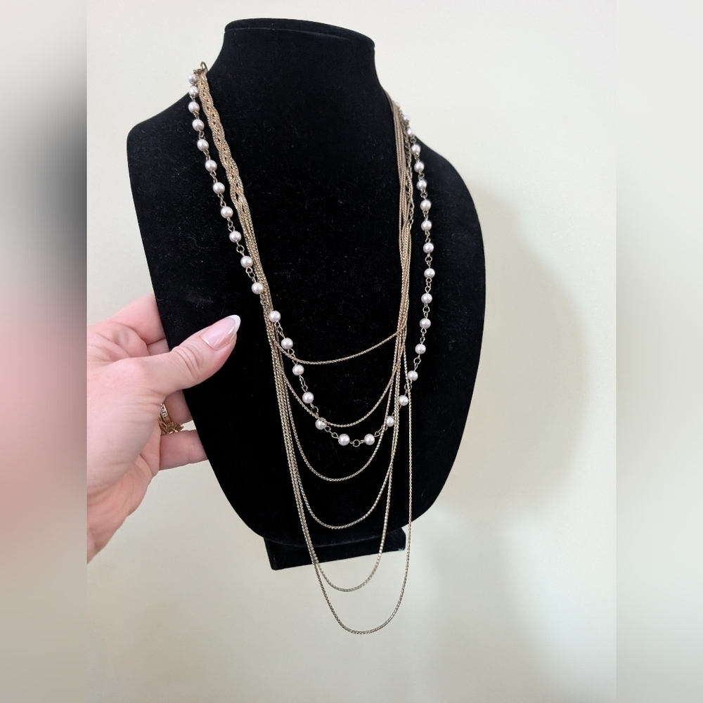 Goldtone and Silver Layered Necklace With Faux Pearls And Earrings